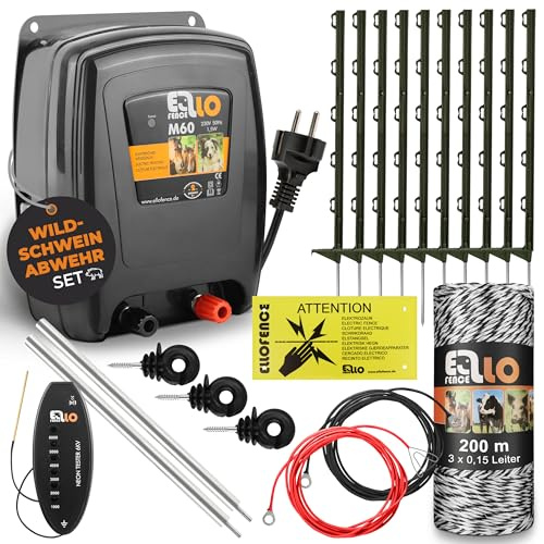 Ellofence Wildschweinabwehr Set 50m | Wildschweinschutz durch Stormzaun | ALL-IN-ONE Set | Starkes 230V Weidezaungerät, 200m Litze, 10 Pfähle, 25 Ringisolatoren, Erdung, LED Prüfer & Warnschild