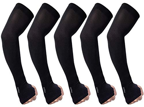 QXURkut Arm Sleeve for Women Men, 5 Pairs Cooling UPF50 UV Protection Sun Sleeves Sports Compression Sleeves to Cover Arms, Thumb Hole, Black