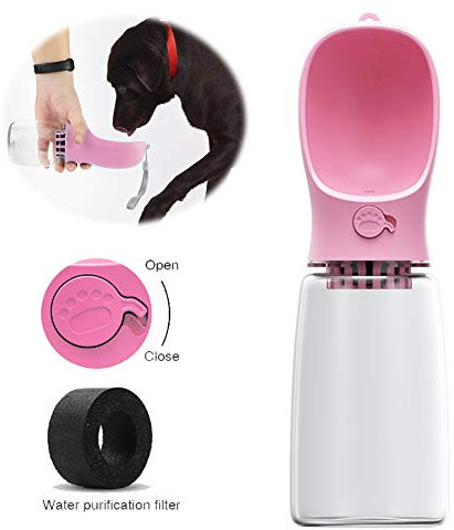 Chien Voyage Bouteille D'eau Avec Filtre, Portable Pet Distributeur D'eau Antibactériennes Qualité Alimentaire Leak Proof Chien Chat Boisson Voyage Bouteille Abreuvoir Coupe L'extérieur ,Rose,550ml