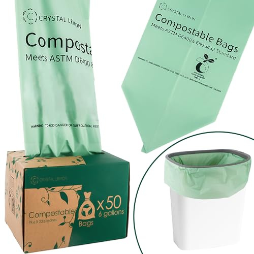 C CRYSTAL LEMON Lot de 50 sacs poubelle compostables 22L – sacs robustes et résistants pour déchets de cuisine, écologiques et pratiques, parfaits pour un usage quotidien.