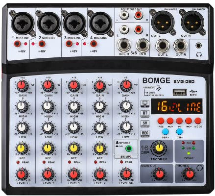 BOMGE Professionale 6 Canali 99DSP DJ Audio Sound Mixer Interfaccia Console di Mixaggio Desktop Karaoke con Ingresso MP3, USB, Ingresso Bluetooth, Registrazione Stereo, Alimentazione Phantom 48V