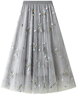 SotRong Überlagerter, mehrlagiger Tüllrock für Damen, elastischer, hoch taillierter A-Linien-Midirock, Mesh-Chiffon-Faltenrock mit Blumendekoration, M-grau, Einheitsgröße