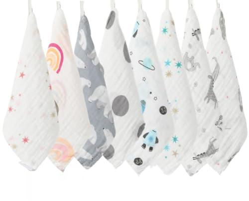 Baby tvättlappar muslindukar – muslin kvadrater näsduk ultramjuka nyfödda ansiktshanddukar 8-pack bambu bomull 25 x 25 cm 4 lager återanvändbara babytvättdukar för pojkar flickor (skicka 5 olika