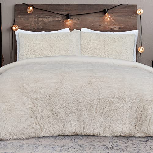 Sleepdown Shaggy Faux Fur Fleece Cream Reversible Duvet Cover Quilt Bedding Set with Pillowcases Thermal Warm Cosy Super Soft Easy Care Bed Linen - Double (200cm x 200cm)