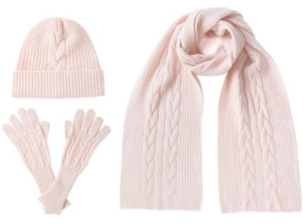 Villand Women's 3 Piece 100% Pure Cashmere Scarf Hat & Gloves Set, Cable Knitted Winter Set with Gift Box (Pink)