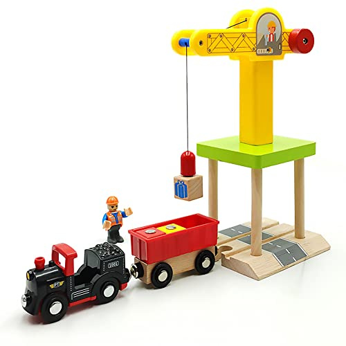 Wooden Train Track Accessories Wooden Crane Toy Set with Train Cars for 3 4 5 Year Old Boys Kids Other Major Wooden Rail Brands are Compatible (Multi-Function Crane)