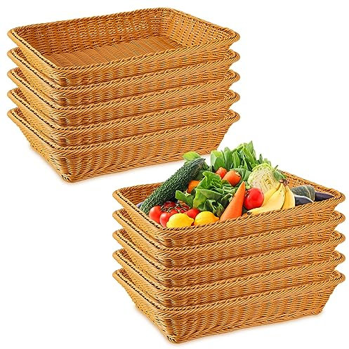 Tioncy 10 Pcs Poly Wicker Woven Bread Basket Imitation Rattan Fruit Basket Tray Stackable Rectangular Food Baskets for Serving Display Storage Kitchen Restaurant Home Vegetable (11.81 x 7.87 x 2.76)