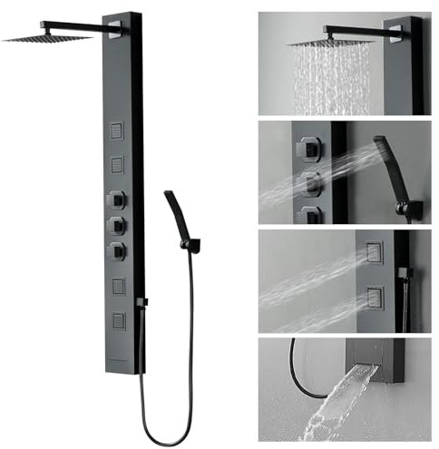 Homevacious Shower Panel Tower System,Stainless Steel Bathroom Stand Up Shower Kit,Wall-Mount Shower Panels with Rainfall Shower Head,4 Massage Body Jets,Tub Spout and Handheld Shower,Matte Black
