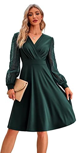 Odizli Rockabilly Kleider Damen 50er Jahre Herbst Vintage Elegant Retro Mesh Polka Dot Langarm V-Ausschnitt Swing Knielang Coctailkleid Festlich Hochzeit Hochzeitsgast Kurz Abendkleid Grün L