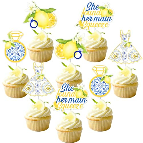 Jollyboom 24Pcs Lemon Cupcake Topper Bridal Shower, She Found Her Main Squeeze Cake Topper Double-sided Printing for Lemon Fruit Engagement Bridal Shower Bachelorette Wedding Party