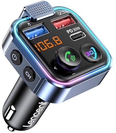 LENCENT Trasmettitore FM Bluetooth 5.3, MP3 Lettore Musicale Stereo per Auto con Chiamate in Vivavoce, Adattatore Autoradio, Ricarica Rapida QC3.0 & Tipo C 30W, Supporta Memoria USB, Luce a Colori
