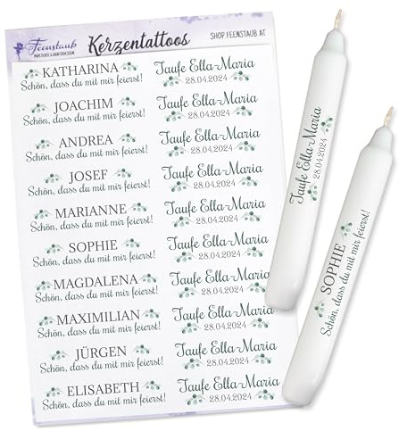 FEENSTAUB Kerzen Tattoos für die Taufe, personalisierte Gastgeschenk selber machen, Aufkleber für Kerzen, Eukalyptus, DIY Taufkerze, Give-Aways gestalten, bedruckte Folie für Kerzen