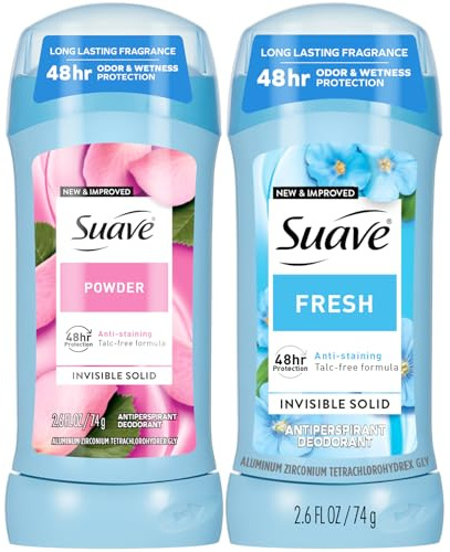 Suave Antiperspirant Deodorant for Women, Fresh & Powder Variety 2-Pack – Anti-Staining Invisible Solid Sticks, Talc-Free, 2.6 Oz Ea