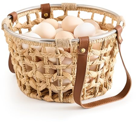 LGENHOOM Farmhouse Wicker Egg Basket for Collecting Fresh Eggs, Round Storage Basket with Handle, Brown, Sea Grass