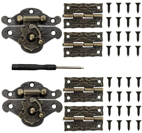 2 Piece Set Antique Embossing Latch Lock with Screwdriver, Retro Style Padlock Lock Key Latch Clasp Set Box Lock, Box Hinges and Latches with 28 Screws for Jewellery Wooden Boxes Decoration-47x35mm