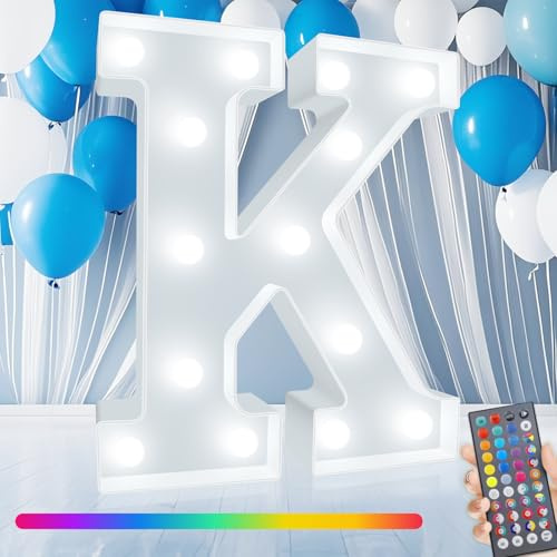 Colorful LED Marquee Letter Lights with Remote, RGB Light Up Letters, 34 Colors Changing Battery Powered Letter Lights Gift for Wedding Birthday Party Halloween Christmas Home Decor, LED Letter K