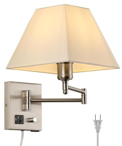 GZZBMY Innen Wandlampe mit Schalter Drehbare Verstellbar Schwenkarm Wandleuchte mit Stecker Nachttischlampe mit Kabel Weiß Stoff Schirm Wandleuchtung E27 Schlafzimmer Wohnzimmer (Silber)