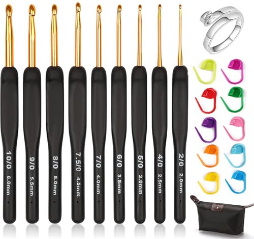 Barlone Häkelnadel Set 21 Stück, 9 Stück Schwarz Weicher Silikongriff 2-6 mm Häkelnadeln Ergonomisch Set, Anfänger Crochet Set mit Maschenmarkierer, Silber Häkelring, Tragbaren Fall Häkelnadeln Set