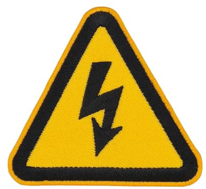 Vorsicht Strom Aufnäher zum aufbügeln aufnähen Bügelbild Warnzeichen Elektrische Spannung Bügelpatch Aufbügler für Kleidung gestickter Bügelflicken Applikation Elektriker Patch Größe 7,5 x 7,0 cm