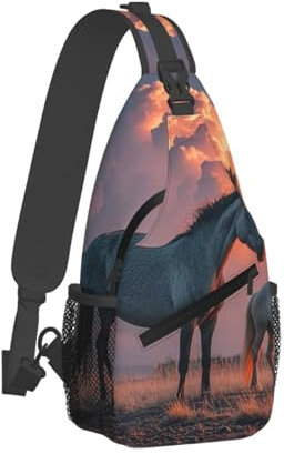 QVUEagriSJ Schultertasche für Damen und Herren, Crossbody-Rucksack, Marienkäfer, Gänseblümchen, Crossbody-Tasche, Brusttasche für Reisen, Sport, Pferde rot leuchtende Wolken, Einheitsgröße,