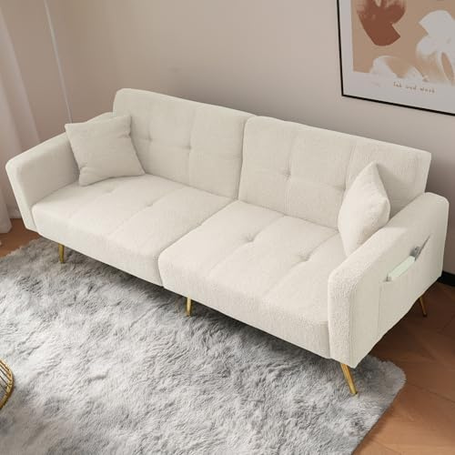 KecDuey Schlafsofa mit Bettfunktion, 2 Sitzer Sofa,verstellbarem Winkel, goldenen Beinen, mit Kissen und seitlichen Aufbewahrungstaschen (Weiß)
