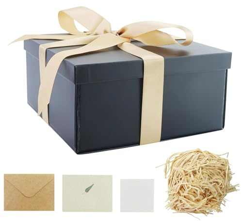 AMANDELIZABE Modern Geschenkbox mit Deckel, Geschenkkarton mit Schleife, 23 x 23 x 18 cm, Schwarz, für Geburtstage und Weihnachten