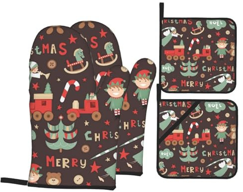 Ofenhandschuhe und Topflappen-Set, Weihnachtselfen, Engel, Bären, hitzebeständig, Küchen-Backhandschuhe, rutschfeste Oberfläche zum Kochen, Backen, Grillen, Grillen