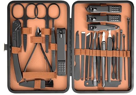 Vonmerie 24-delat nagelvårdsset i brun läderlåda | professionellt set med nagelklippare/förhårdnadtång/ögonbrynsrakning/hudsax/näshårstrimmer | komplett set för kroppsvård