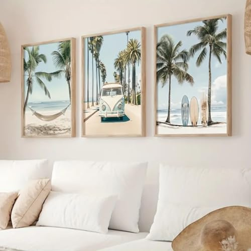 Herfair 3er Set Strand Ozean Palme Poster, Tropische Surfbrett Sommer Dekor Vintage Summer Aesthetic Hawaii Poster Strand Bilder (40x50cm)