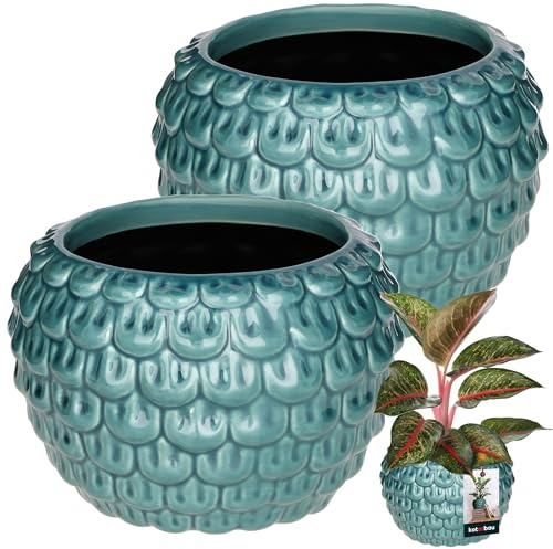 KOTARBAU® 2 pz. Stupendo vaso per fiori in ceramica grande motivo vintage a squame di pesce fatto a mano ⌀ 17 cm altezza 13 cm vaso per fiori in ceramica vaso per orchidee blu e turchese