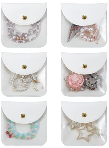 6-Pack Jewelry Pouch for Traveling- Clear Travel Jewelry Organizer with Velvet Lining, Waterproof Leather Pouch Set for Women (White Portable Storage for Earrings/Rings)