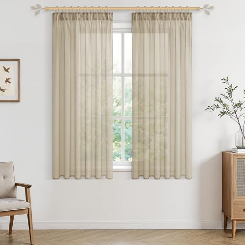 CUTEWIND Vorhang Transparent Beige 145X140cm (HxB) Gardinen Kurz mit Kräuselband Gardinen Beige Transparent Boho vorhänge Leinenoptik für Schlafzimmer Küche und Wohnzimmer, 2er Set