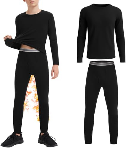 AKKQHH Biancheria Termica per Bambini, Set di Abbigliamento da Sci, Morbida e Calda, con Fodera in Pile, per Ragazzi e Ragazze, Tuta da Neve per l'Inverno, Nero , XS(120)