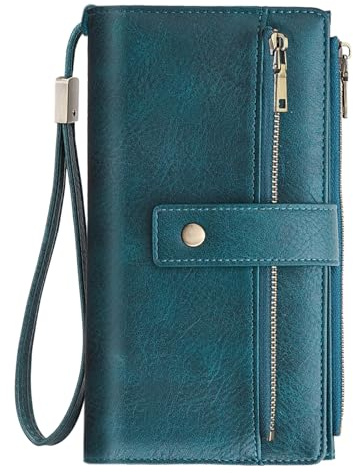 NEWIROVE Geldbörse Damen Gross, Portemonnaie Damen RFID Schutz Geldbeutel Pu Leder Vintage Wallet for Women Groß Viele Fächer Mit 24 Kartenfächer Und 2 ID Fenster，Pfauenblau