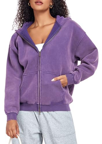 HOUZONIY Y2k Sweat à capuche pour femme avec fermeture éclair - En polaire - Couleur unie - Pour l'automne
