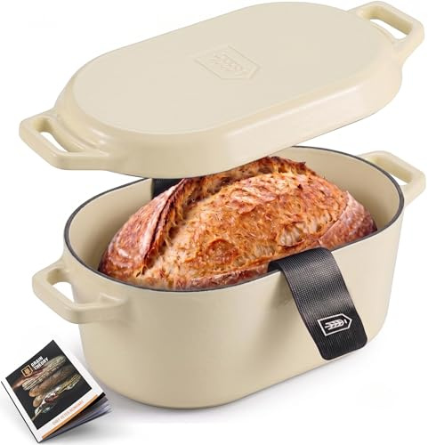 KooK Dutch Oven, zum Brotbacken, Sauerteig-Kastenform, mit Deckel, Doppelgriffe, emailliertes Gusseisen, inklusive Deckelhebel, spülmaschinenfest, 3,4 l, elfenbeinfarben