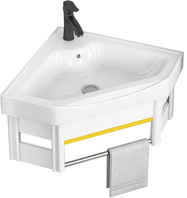 Utrymmesbesparande väggmonterat hörnhandfat för badrum, keramiskt handfat med flytande skåp för små utrymmen, kompakt design (färg: 1, storlek: 42 cm/16,5 tum)