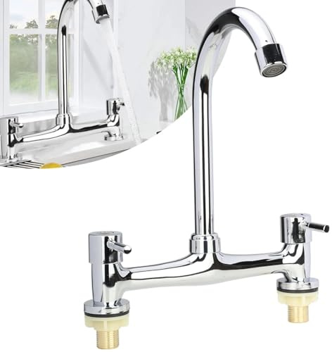 Modern Chrome Kitchen Sink Mixer Tap – Dual Lever Deck Mounted Swivel Spout Faucet, 2-Hole Installation, Low Pressure Compatible