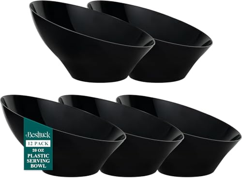 Bestluck 12pack Black Angled Plastic Bowls,20oz Salad Serving Bowls,Plastic Serving Bowl for Wedding, Party, Halloween, Catering | Disposable Snack Bowls for Chips, Candy, Salad, Snacks & Fruit, Perfect for Parties, Buffets & Everyday Use