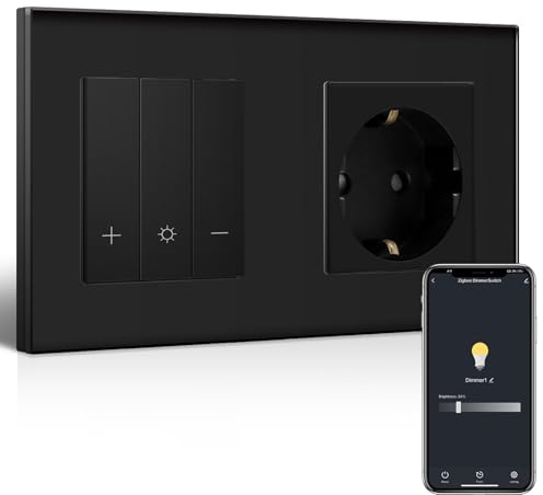 BSEEDLIFE Smart Zigbee Dimmschalter mit Normal Steckdose, Schuko Steckdose+Smart Dimmer Schalter Kompatibel mit Alexa/Google Home, Unterputz Lichtschalter Dimmbar, Schwarz(Neutralleiter Erforderlich)