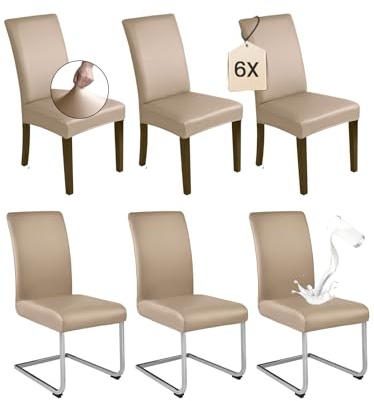 Dmyifan Stuhlhussen 6er Set Khaki PU Leder – Elastische & wasserdichte Stuhlbezüge, Waschbar & Abnehmbar – Universell für Esszimmer, Küche, Restaurant, Hotel & Hochzeit