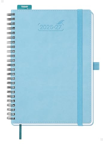 BEZEND Agenda 2026 2027 Semainier 21 x 15,5 cm Spirale A5 18 Mois | Agenda Scolaire de Juil. 2026 à Déc. 2027, Porte-Stylo Autocollant, Règle Signet, Couverture Souple en Cuir PU, Bleu ciel