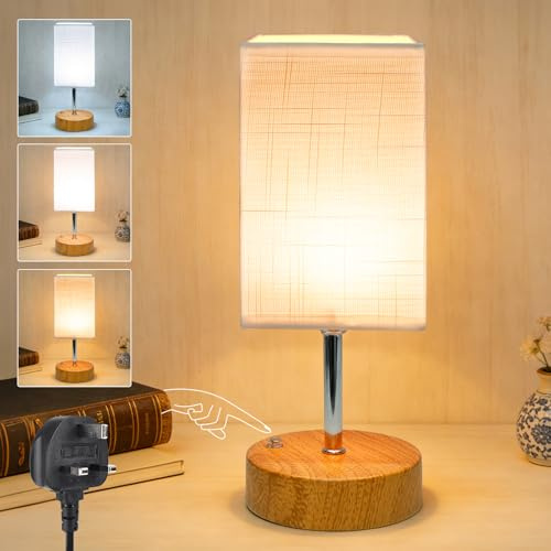Wudyfei Touch Bedside Lamps, Small Dimmable Table Lamp with Wood Grained Base & Fabric Shade, 3 Colour LED Minimalist Bed Side Nightstand Lamp for Bedroom, Living Room, Kids Room, Study, Dorm, Office