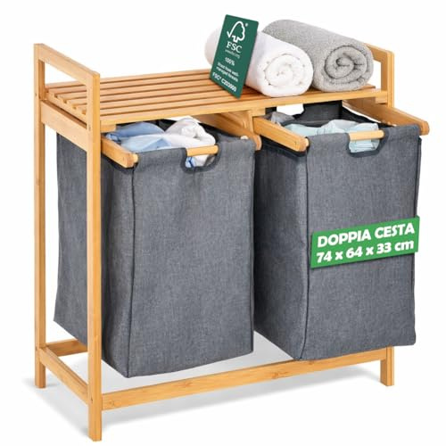 Bakaji Cesto Biancheria Sporca in Bambu Doppia Cesta in Tessuto Grigio, Portabiancheria da Casa, Bagno Con 2 Scomparti, Contenitore Salvaspazio Antiodore (74 x 64 x 33 cm)
