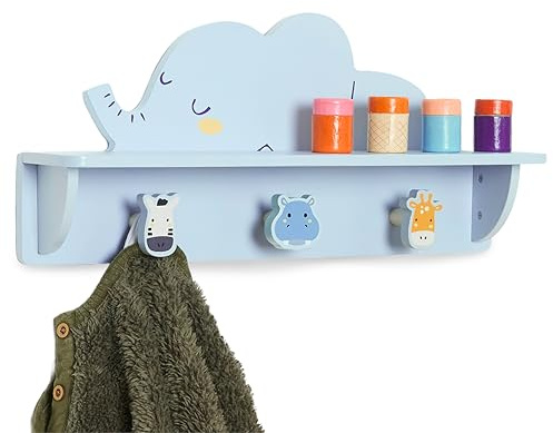Twig & Leaf Perchero Infantil Pared de Madera Maciza FSC - Estante Elefante con 3 Ganchos - Perchero Pared Infantil y Colgador Ropa Niños - Percheros Infantiles Decoración