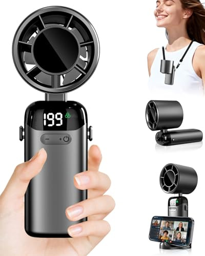 Mini Handventilator Akku Aufladbar mit Turbo, 199 Stufenlos & LED-Display, 10 Std. von 3500mAH, USB-C Portable Fan mit Umhängeband, als Handyhalter, für Frauen/Männer/ Kinder/Reisen/Schlafzimmer/Büro