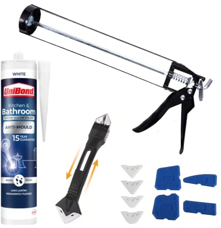 Silicone Gun and Unibond Kitchen and Bathroom White Caulk Sealant Set Including Silicon Scraper and Sealant Finishing Kit