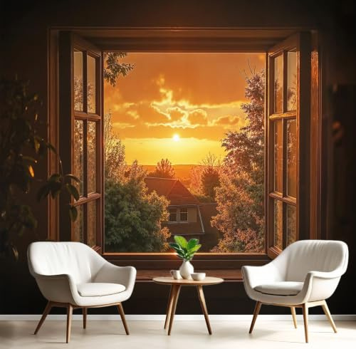 Papel Pintado Panorámico Puesta De Sol Pueblo,250x175cm Papel PintadoVista De Ventana Vintage, Fotomural Mural de Pared para Salón, Dormitorio y Habitación Infantil, Decoración de Pared