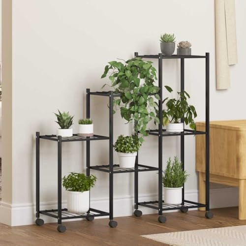 Ordellia Soporte para flores con ruedas de hierro con recubrimiento en polvo 83 x 25 x 83,5 cm, color negro, estantería para plantas y estantería para flores, para esquina, balcón, terraza, salón