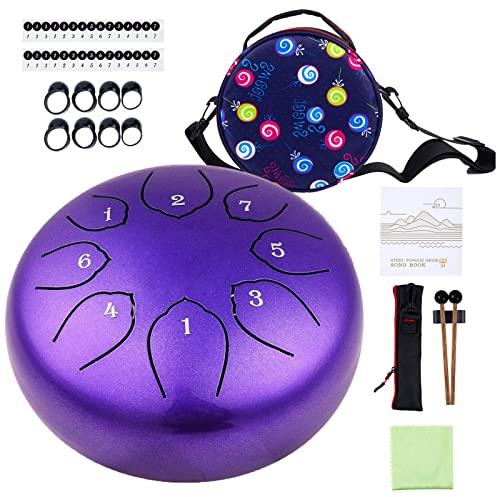 Steel Tongue Drum Kids Instrument: Musical Metal Tank Drums Set 6 Inch 8 Notes C-Key for Meditation Yoga Education Percussion with Bag, Music Book, Mallets, Finger Picks(Purple)
